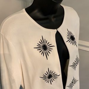 Knit Chic Ivory Cardigan Sweater with Black Embroidered Stars Size M